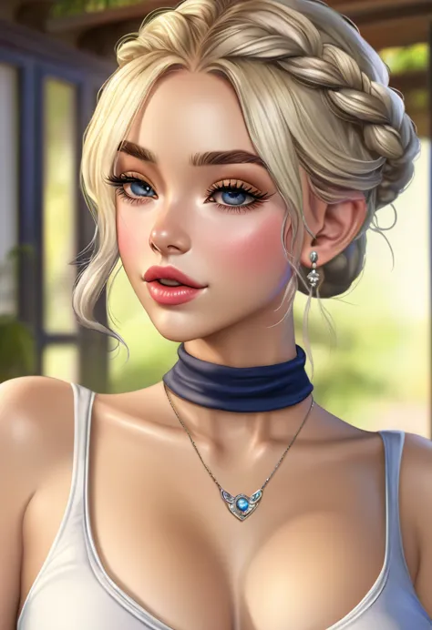 ((ultra quality)), ((tmasterpiece)), gnome girl, short stature, ((blonde woman, hairlong, braided)), (silver ear rings), (silver...