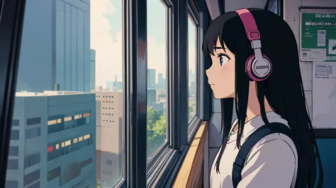 25 year old girl, listening to music in her headphones, beautiful rainy landscape outside the bus window, lofi style, ghibli sty...