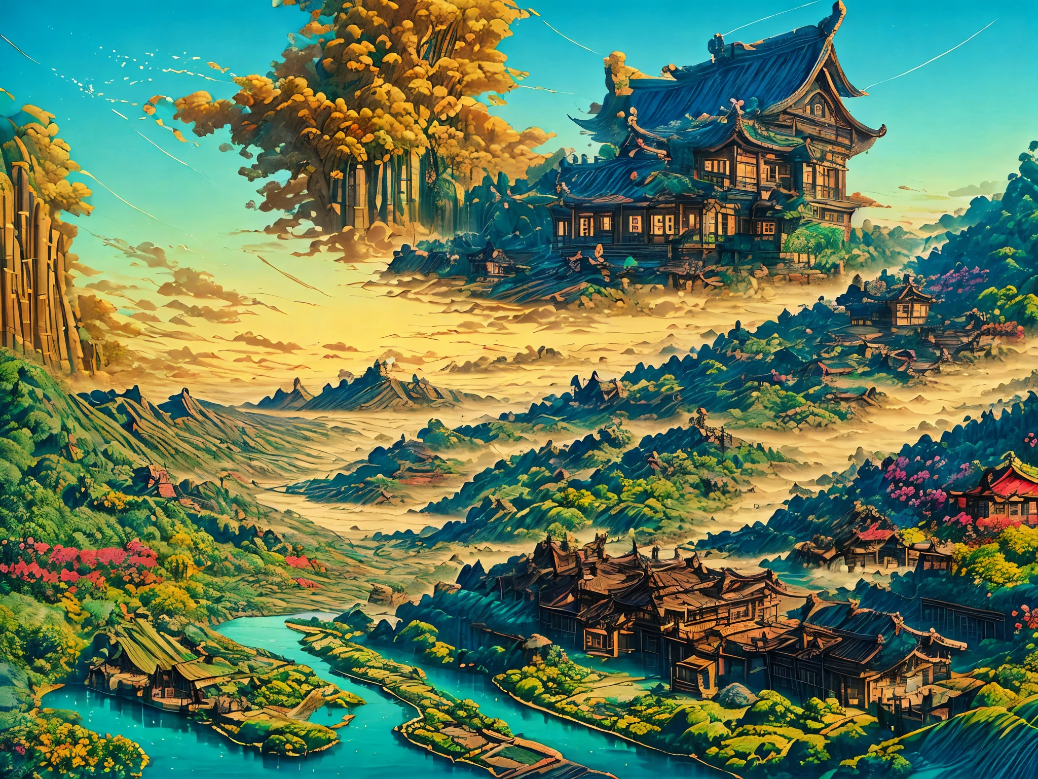spirit world, Center Theatre Floating Island, maritime, There is a scenic village on the island, The island is surrounded by waterfalls., The waterfall flows from the island into the sea, The nine-story pagoda in the center of the island, Village top