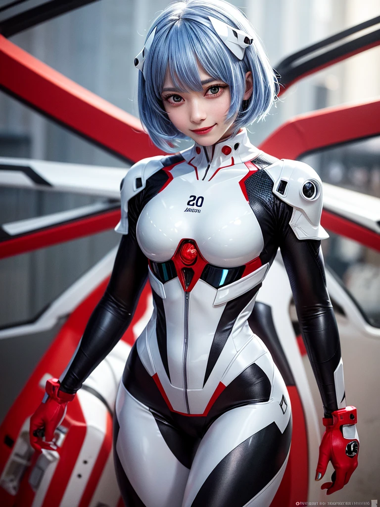 Masterpiece, highest quality, 8K, detailed skin texture, fine cloth texture, beautiful detailed face, intricate details, super detailed, portrait of Rei Ayanami, blue hair, red eyes, looking far away, no background, Evangelion Wearing a plug suit when riding, plug suit, whole body visible, standing, arms crossed, 15 years old, beautiful, cute, great style, smiling