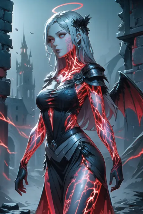 Grey skin, blood halo, Goddess, rare, cursed maiden, goddess armor, beautiful woman, long silver hair, red glowing eyes, grey sk...