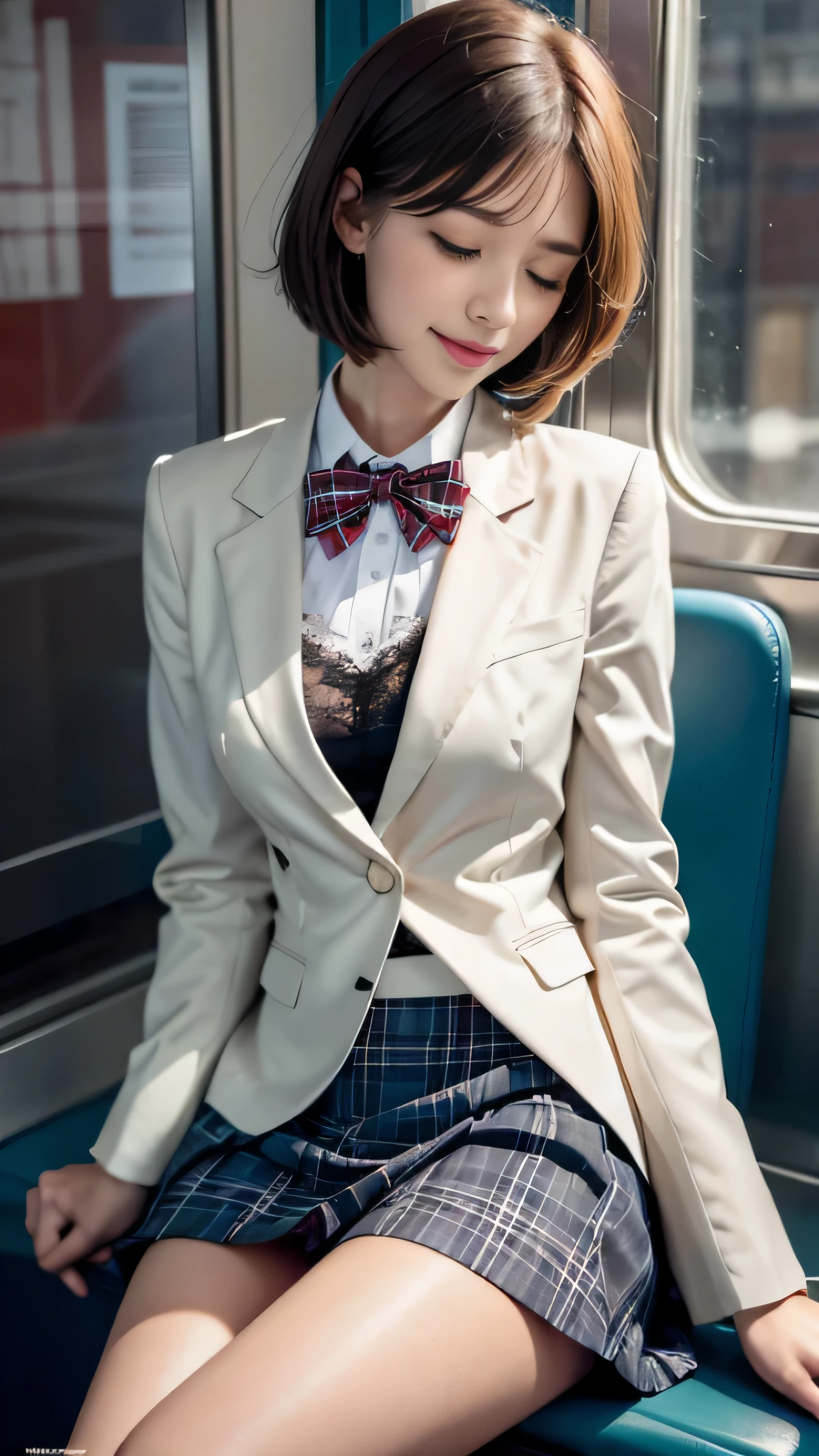 ((High school girl sitting on train seat))、(white blazer)、(white blouse、red bow tie、dark blue checked skirt). 40k, photograph, table top, highest quality, dark gray background, ((beautiful eyes、One girl with light brown short hair, . white skin, Various poses.((Medium chest,:1.1)), highest quality, table top, ultra high resolution, (realistic:1.4), RAWphotograph, (perfect body shape), (slim:1.3), slim abdomen, Perfect slim figure, dynamic pose, alone, Cold light 12000K, very detailed facial and skin texture, fine eyes, realistic eyes, Beautiful and fine eyes, (realistic skin), charm, ultra high resolution, Super realistic, very detailed,(The wind blows up my skirt),(lift the skirt),(White lace panties are visible）（smile)、(eyes closed),