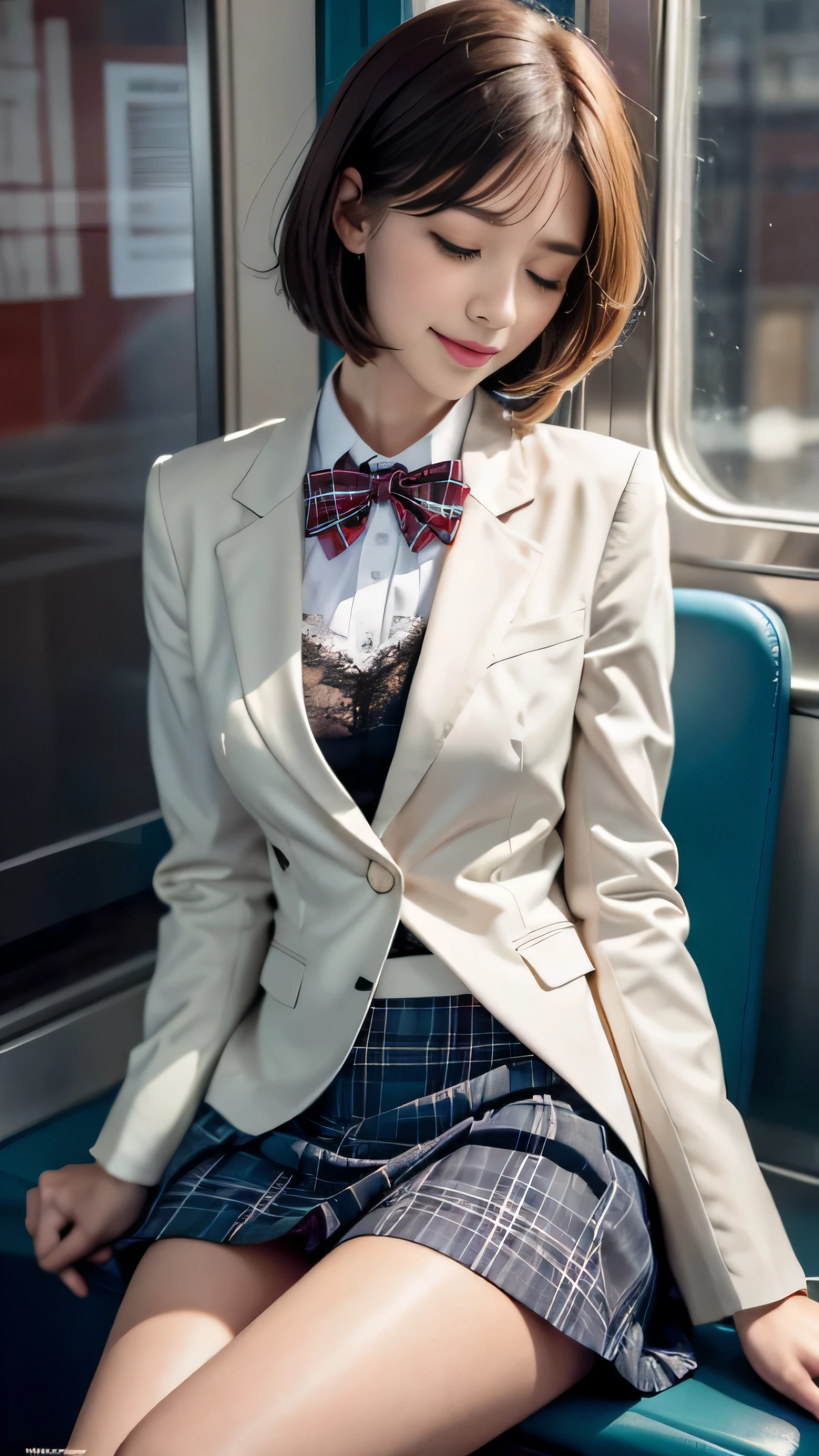 ((Menina do ensino médio sentada no assento do trem))、(blazer branco)、(Blusa branca、gravata borboleta vermelha、Saia xadrez azul escuro). 40 mil, Fotografia, tampo da mesa, mais alta qualidade, Fundo cinza escuro, ((olhos lindos、Uma garota com cabelo curto castanho claro, . Pele branca, Várias poses.((Peito Médio,:1.1)), mais alta qualidade, tampo da mesa, Ultra alta resolução, (realista:1.4), RAWFotografia, (Forma corporal perfeita), (magro:1.3), magro abdomen, Perfect magro figure, pose dinâmica, sozinho, Luz fria 12000K, Muito detalhado facial and skin texture, Belos olhos, realista eyes, Beautiful and Belos olhos, (realista skin), charme, Ultra alta resolução, Super realista, Muito detalhado,(O vento sopra minha saia),(levante a saia),(Calcinhas de renda branca são visíveis）（Sorriso)、(olhos fechados),