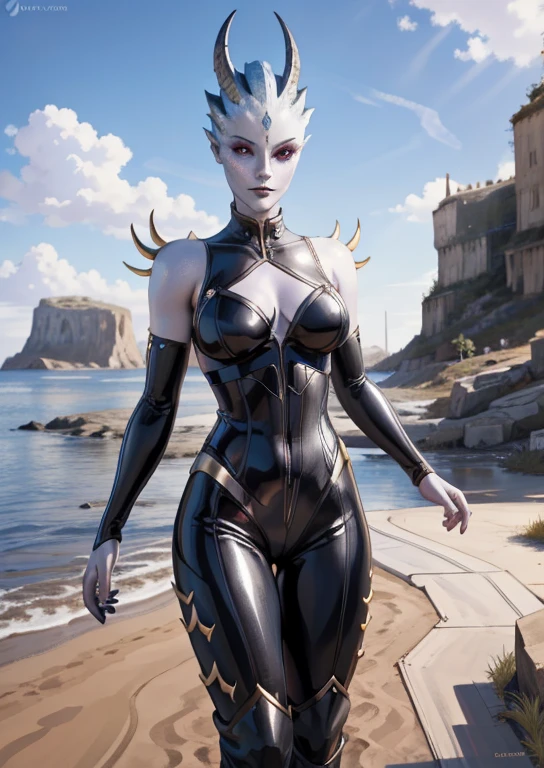 A girl in a detailed cliff, with horns, a latex bodysuit, viewed from below, having colored skin, hooves, and characteristics of a monster girl or a demon girl. Her eyes sparkle with a serious expression. The artwork is created digitally and showcases the best quality. The art style is inspired by the concept of slaanesh.

Tags: 1girl, digital, in detailed cliff, horns, latex bodysuit, from below, colored skin, hooves, monster girl, demon girl, claws, serious sparkle eyes eyetype, best quality, slaanesh