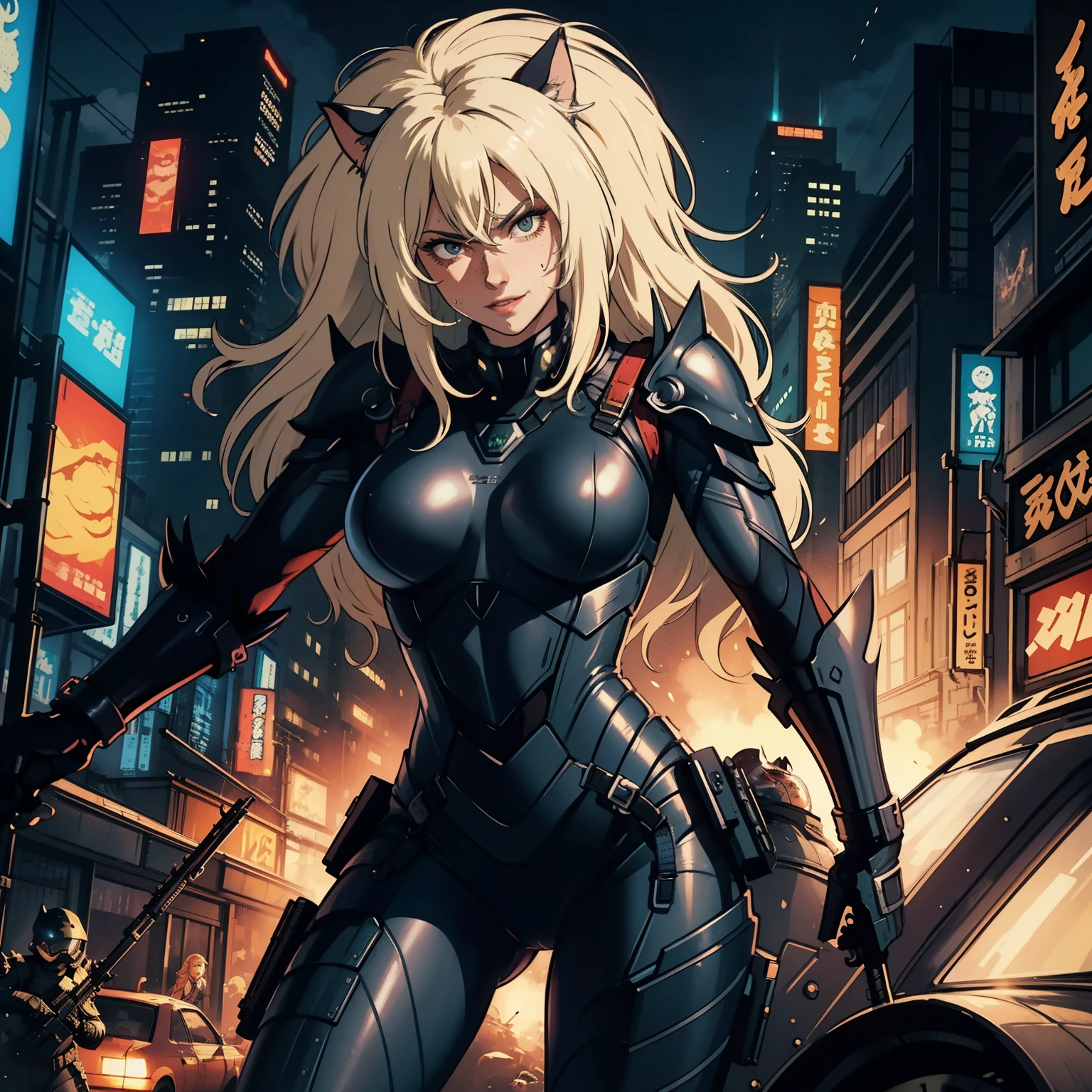 ((highest quality)), ((masterpiece)), (be familiar with), (High definition), 8K, perfect face、2 women、Two blonde women with cat ears、((Wearing a powered suit:1.2))、tall、2 Blonde cat ears、2. Long Hair、2. Volumetric hair style、Fearless smile、sweating、big breasts、constricted waist、big ass、glamorous、Glamorous、protector、Armor、combat suit、combat boots、armed、Equipped with large firearms、cinematic、best shadow、side lighting、NEO TOKYO、riot、explosion、tank、helicopter、(close up of face)