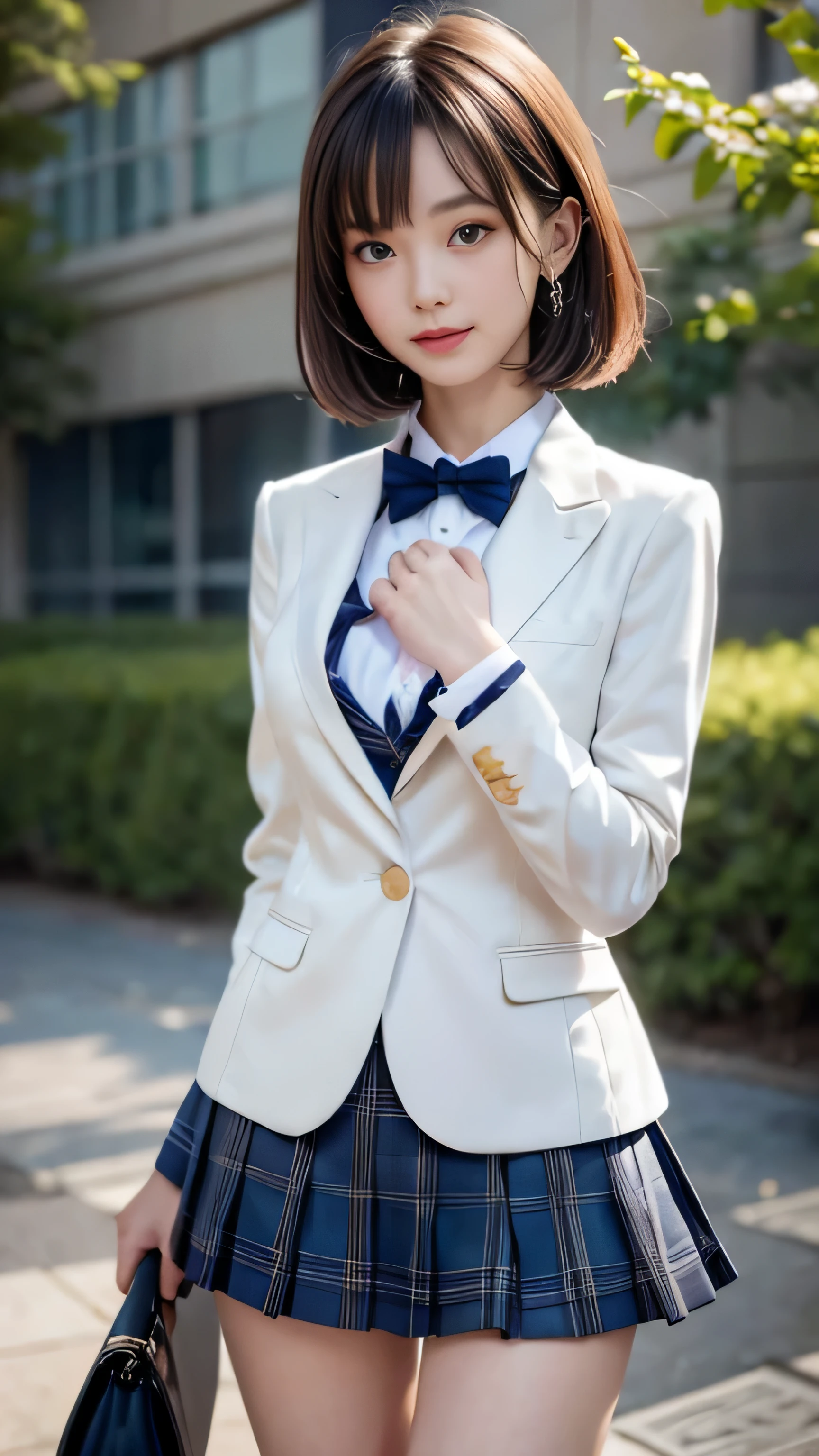 ((High school girl walking in the lakeside park))、(white blazer)、(white blouse)、red bow tie、((dark blue checked skirt)). 40k, photograph, table top, highest quality, dark gray background, ((beautiful eyes、One girl with light brown short hair, . white skin, Various poses.((Medium chest,:1.1)), highest quality, table top, ultra high resolution, (realistic:1.4), RAWphotograph, (perfect body shape), (slim:1.3), slim abdomen, Perfect slim figure, dynamic pose, alone, Cold light 12000K, very detailed facial and skin texture, fine eyes, realistic eyes, Beautiful and fine eyes, (realistic skin), charm, ultra high resolution, Super realistic, very detailed,(The wind blows up my skirt),（smile)、