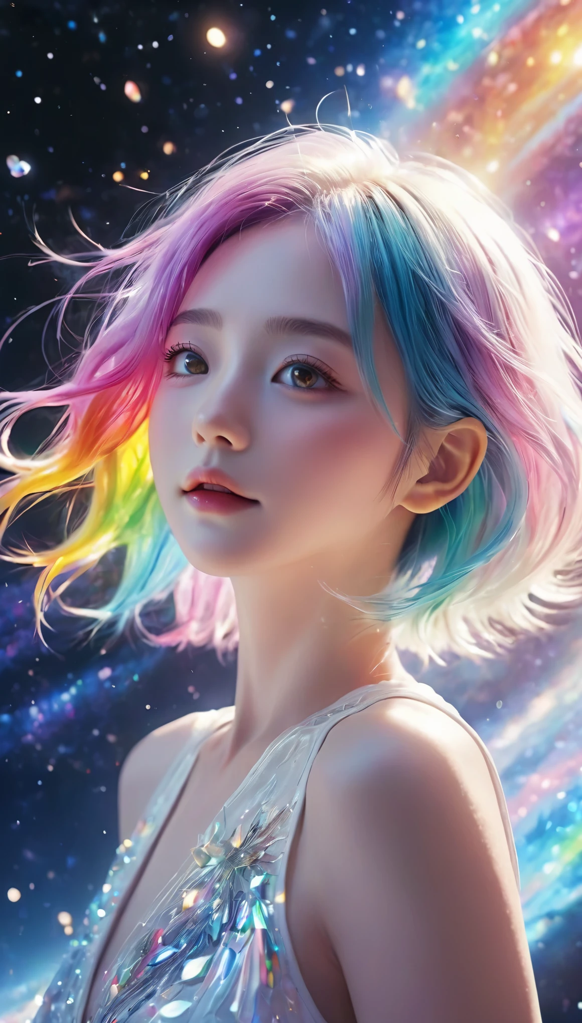 floating in space、((whole body))、reach out, highest quality, Highly detailed CG synthesis 8k wallpaper, movie lighting, Lens flare, beautiful detail eyes, White clothes,  multicolored hair, Rich and colorful light, particle, 16 years old、girl、laugh fearlessly、Rainbow Hair、Big Bang Girl,((The edge of the universe can be seen on the lining))、dark matter、energy、Retro and psychedelic、Create miracles with a single photon、From Blink to Quasar、It&#39;s too bright to keep looking、The Super Burst is what draws you in