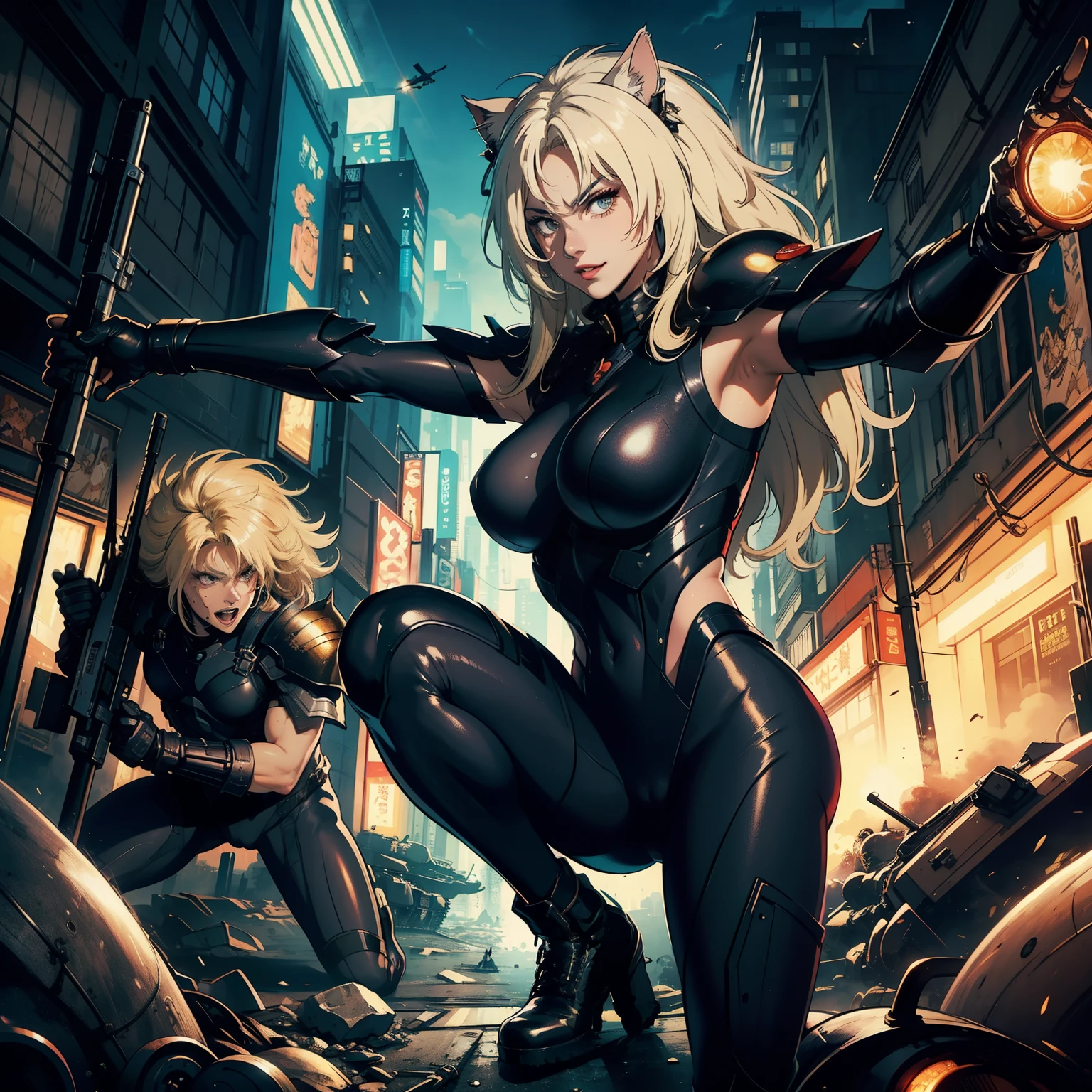 ((highest quality)), ((masterpiece)), (be familiar with), (High definition), 8K, perfect face、2 women、Two blonde women with cat ears、((Wearing a powered suit:1.2))、tall、2 Blonde cat ears、2. Long Hair、2. Volumetric hair style、Fearless smile、sweating、big breasts、constricted waist、big ass、glamorous、Glamorous、protector、Armor、combat suit、combat boots、armed、Equipped with large firearms、cinematic、Best Shadow、side lighting、NEO TOKYO、riot、explosion、tank、helicopter、(close up of face)