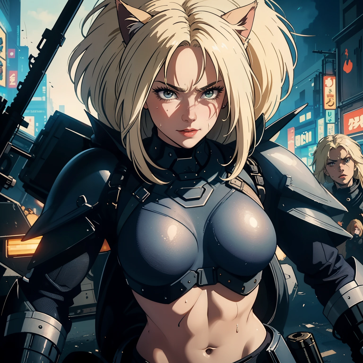 ((highest quality)), ((masterpiece)), (be familiar with), (High definition), 8K, perfect face、2 women、Two blonde women with cat ears、((Wearing a powered suit:1.2))、tall、2 Blonde cat ears、2. Long Hair、2. Volumetric hair style、Fearless smile、sweating、big breasts、constricted waist、big ass、glamorous、Glamorous、protector、Armor、combat suit、combat boots、armed、Equipped with large firearms、cinematic、best shadow、side lighting、NEO TOKYO、riot、explosion、tank、helicopter、(close up of face)