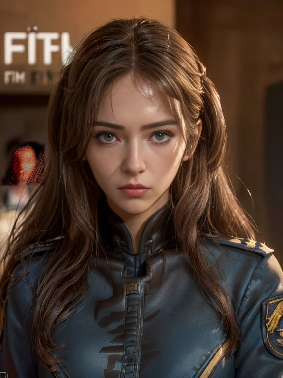 realistic,polite attire,(Fighter Action War Movie Poster),(Foundation Film Reference: 1.8),realistic,Air Force general uniform,(realistic face resolution),Movie Poses,adult,skinny,big,Dark blonde woman with long hair,serious face,SF,SF,Mr.々Supporting characters