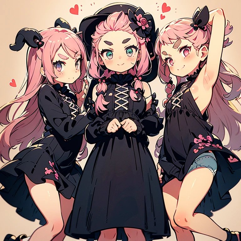 Girl with pink hair, long twin-tail hairstyle, ((small pink bushy eyebrows)), dressed in gothic lolita clothing, lolicon (Zankuro) drawing style by zankuro artist, Zancro style, image uploaded to R34, flirty smile, lifting her dress to show her wide, naked hips, underwear in her hands, breasts out