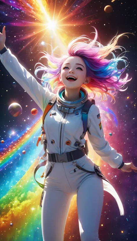 floating in space、((whole body))、reach out, highest quality, highly detailed cg synthesis 8k wallpaper, movie lighting, lens fla...