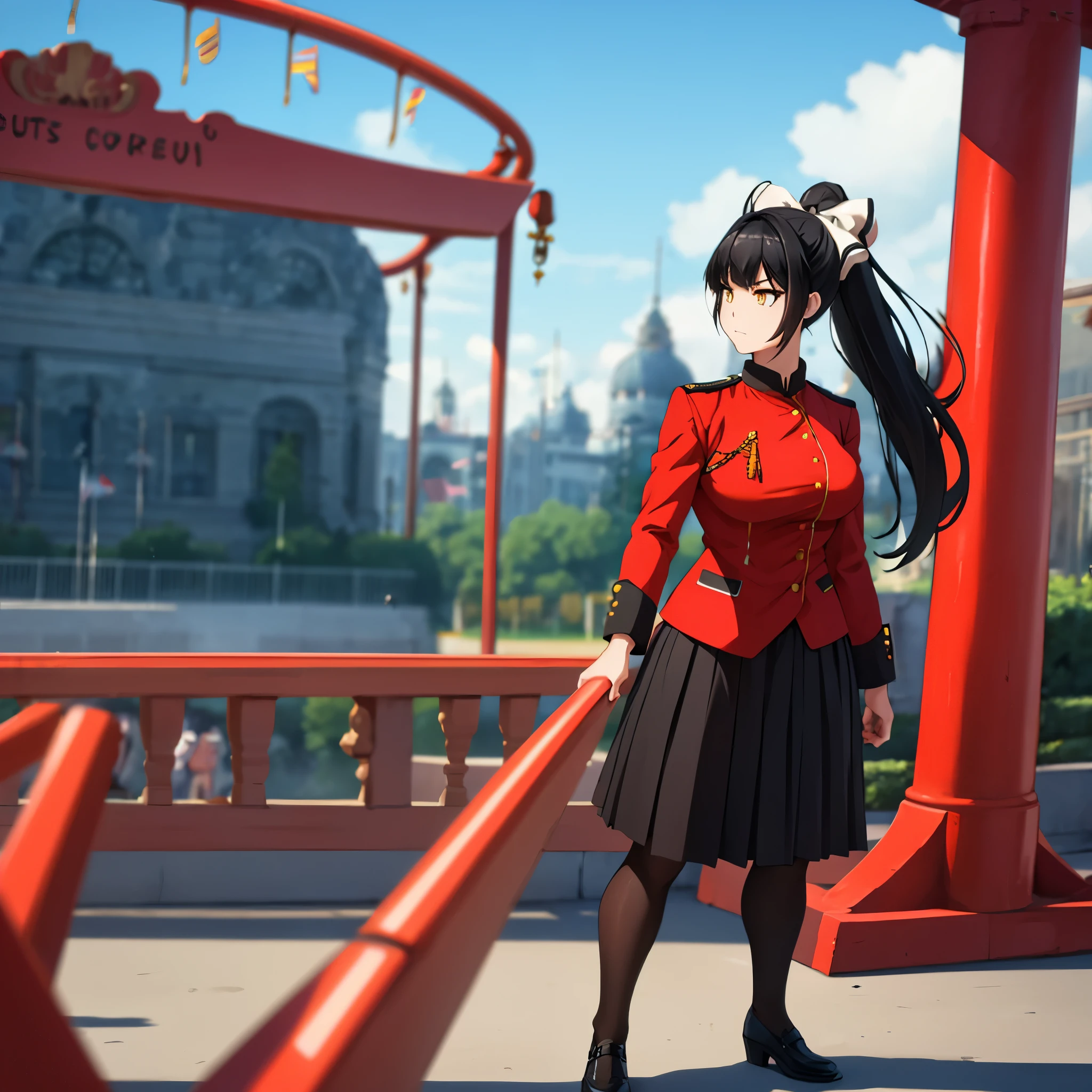 a woman with long black hair, ponytail hair, bow in her hair, red military shirt with medals, yellow eyes, black skirt, serious face, in an amusement park, background with blur effect, full body,HDR, ultra resolution, sharp, masterpiece, 8K HD, (just a woman, solo)
