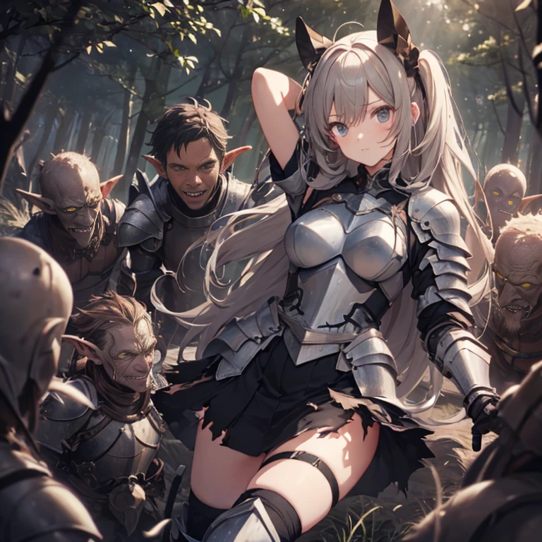 A female knight, (in forest), wearing armored clothes, metal armor, night, details face, , short skirt, surrounded by goblins, various weapons, torn clothes, armpits 