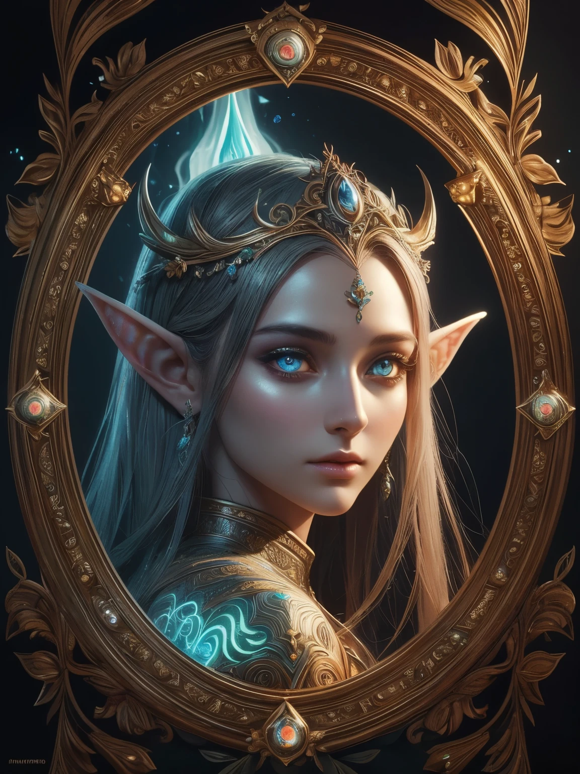 Create a mesmerizing masterpiece in the finest quality, with a resolution of 4k and high-detail, showcasing ultra-realistic representations of Epoch Elves. This art piece highlights portraits of ethereal beings with fantastical colors and radiant lighting. The fine art depiction includes harmonious compositions and dazzling visual effects, emphasizing their otherworldly appearance. Each elven beauty radiates an ethereal glow, with detailed facial features and glowing eyes that captivate the viewer. Whimsical creatures accompany them, adding a dreamlike element to the scene. The use of mythical creatures further accentuates the enchanting allure of this mesmerizing