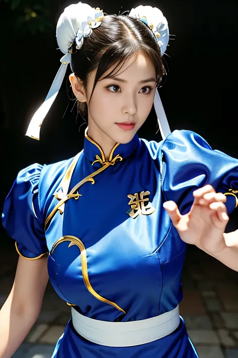Chun-Li from Street Fight II,perfect chun li costume,blue cheongsam with gold lines,Bun head,Good cover,whole body,fighting pose...