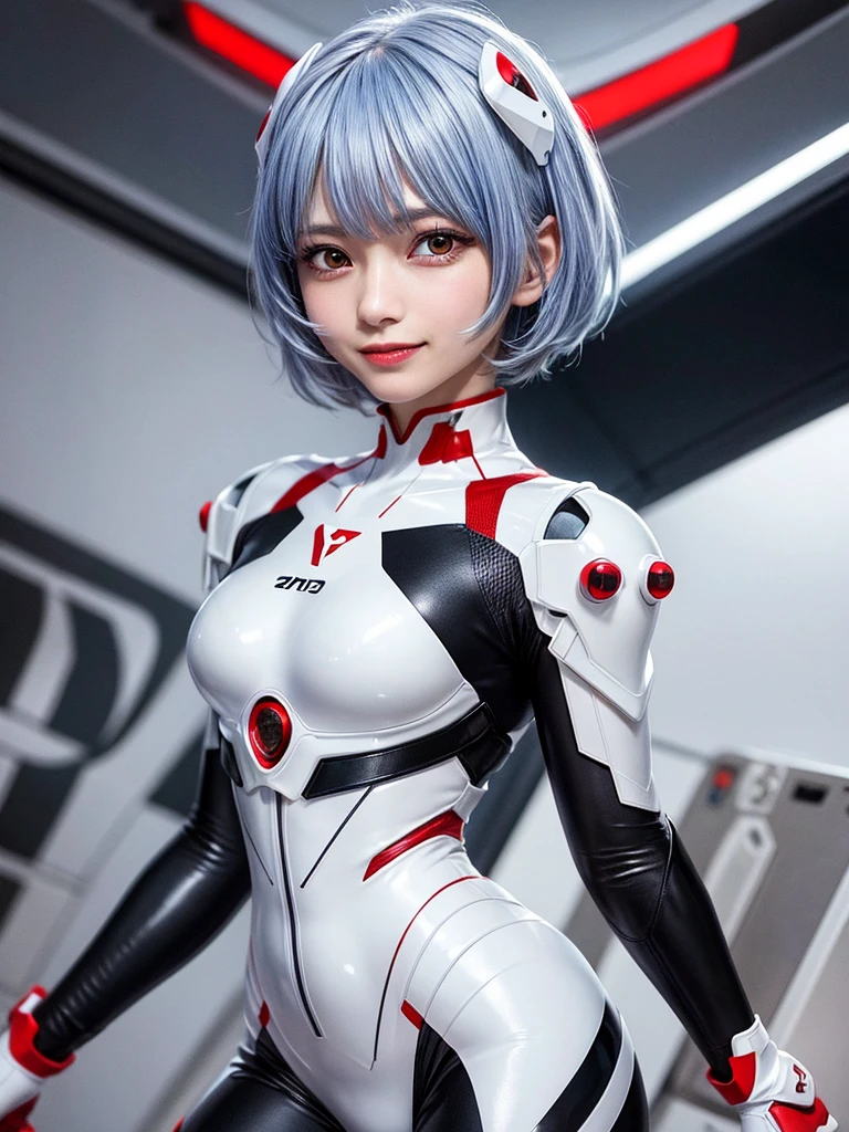 Masterpiece, highest quality, 8K, detailed skin texture, fine cloth texture, beautiful detailed face, intricate details, super detailed, portrait of Rei Ayanami, blue hair, red eyes, looking far away, no background, Evangelion Wearing a plug suit when riding, plug suit, whole body visible, standing, arms crossed, 15 years old, beautiful, cute, great style, smiling