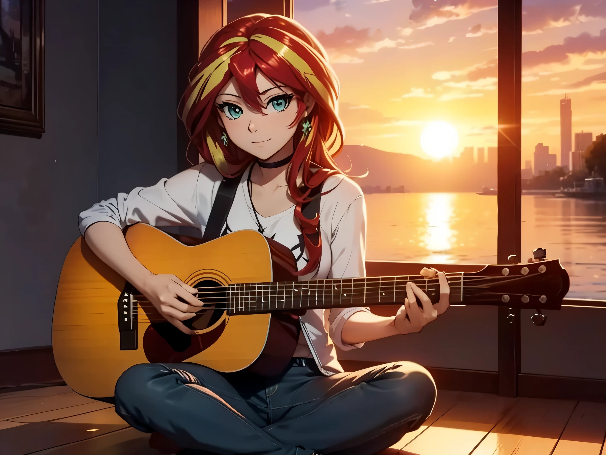 Sunset Shimmer는 바닥에 다리를 꼬고 앉아 어쿠스틱 기타를 연주하고 있습니다.