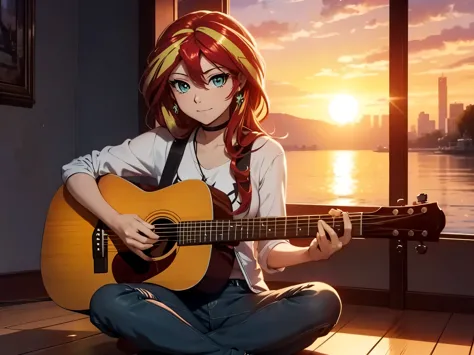 Sunset Shimmer sitting crossed legs on floor playing acoustic guitar