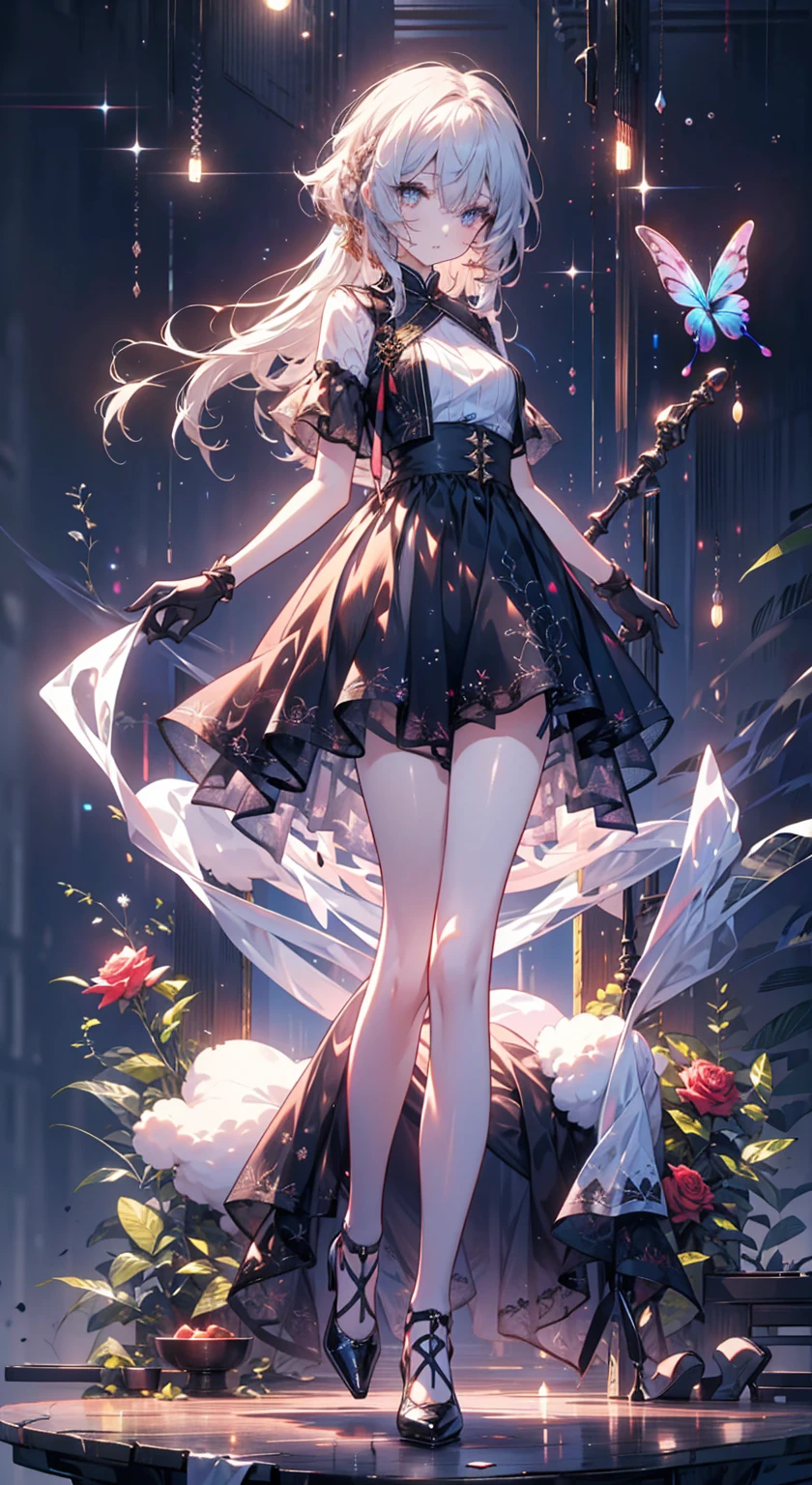 A girl，sheep&#39;horn, Rich colors, long white hair, Red眼睛 ，Eyeliner, black transparent clothes, Red, open air, Rose, night, ruins, Butterfly，mine same as the original, mine, , (:1.2) rest, (Black long skirt), (view from below), (Put your arms behind your back), (wild lift), thin dress,, 最good quality, High resolution, unified 8k wallpaper, (illustration:0.8), (Beautiful and delicate eyes:1.6), extremely detailed face, perfect lighting, Very detailed CG, (Perfect hands, perfect anatomy),，blond，red lips，Acting cute，Long hair，High heel，good quality, absurd, Super detailed, holographic,, dynamic poses, golden ratio, 超级Lovely女孩, Mature girl, extremely beautiful,，With super beautiful purple eyes, Super beautiful white hair, shiny skin,, Good and harmonious , Slender and delicate figure, Perfect body, (Wearing a short white top,) Lovely，Full body shot，Long hair，shoes，black skirt, Short sleeve，neat hair, black gloves,,Fade the background,Full body photo of the individual,cartoon，t-shirt，Eyes with highlights，Leg ring，Long hair到腰的位置