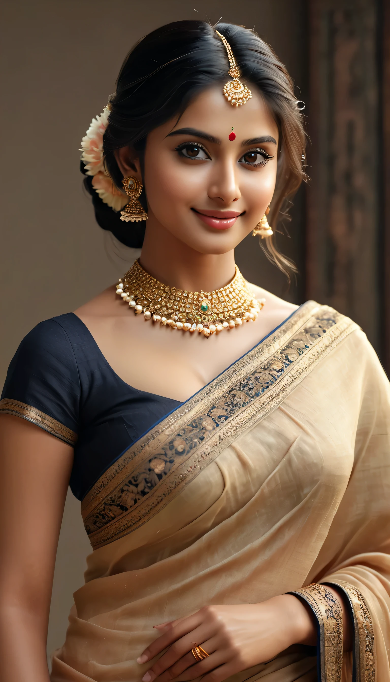 Anusha in a sari sari with a necklace and earrings - SeaArt AI