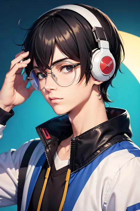 Ren Amamiya Persona,menino anime,uniforme de futebol, glasses, headphones on head