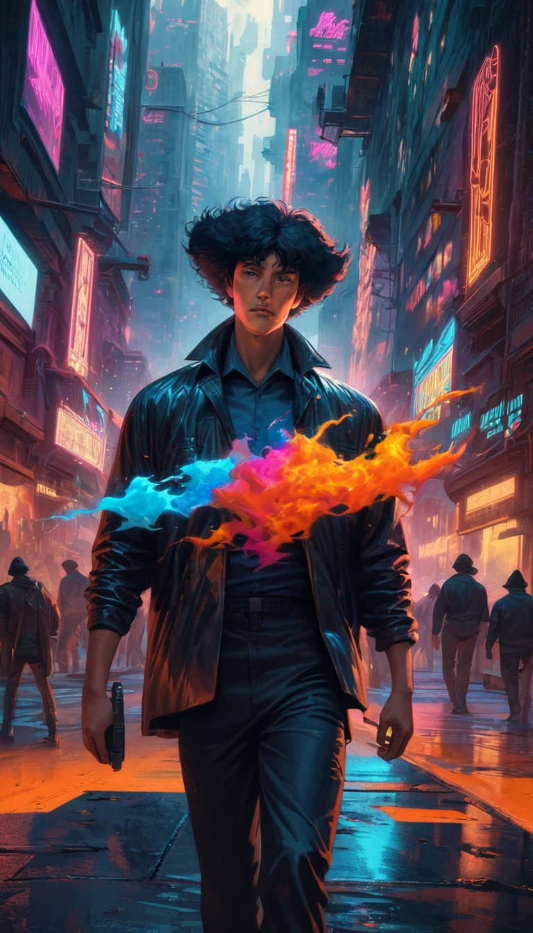 (best quality, realistic, ultra-detailed, masterpiece:1.2), spike spiegel, walking down the street in a space city, cowboy bebop style, vibrant colors, neon lights, futuristic architectures, detailed facial expression, confident posture, stunning background scenery, dynamic composition, intense atmosphere, dramatic shadows, smooth brushstrokes, jazz music influences, iconic character, cyberpunk elements, stylish clothing, sleek design elements, fast-paced energy, dramatic camera angles, captivating storytelling, cinematic quality, immersive experience, noir aesthetics, bold color palette, gritty urban setting, bustling city life, distant planets and galaxies, high-tech gadgets and vehicles, mysterious aura.