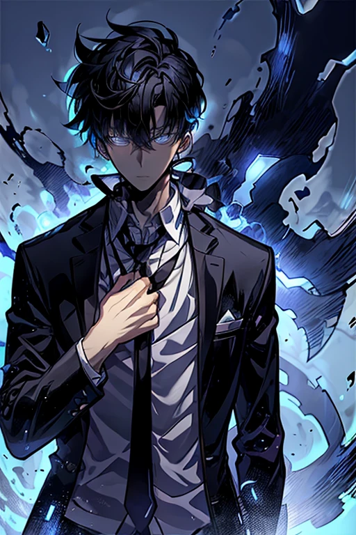 Anime character with a suit and tie standing in front of a blue ...