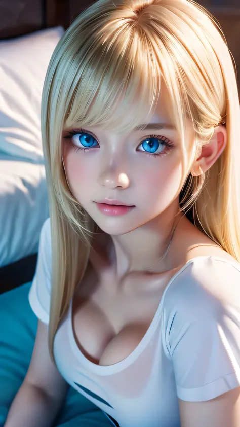 Innocent 20 year old beautiful blonde girl、Beautiful shining platinum blonde hair、bangs fall on face、((Wearing a white T-shirt with open chest,dramatic pose)),Sexy look,super long straight blonde silky hair,Bed Background,beach background、Raw photo, (8K、hi...