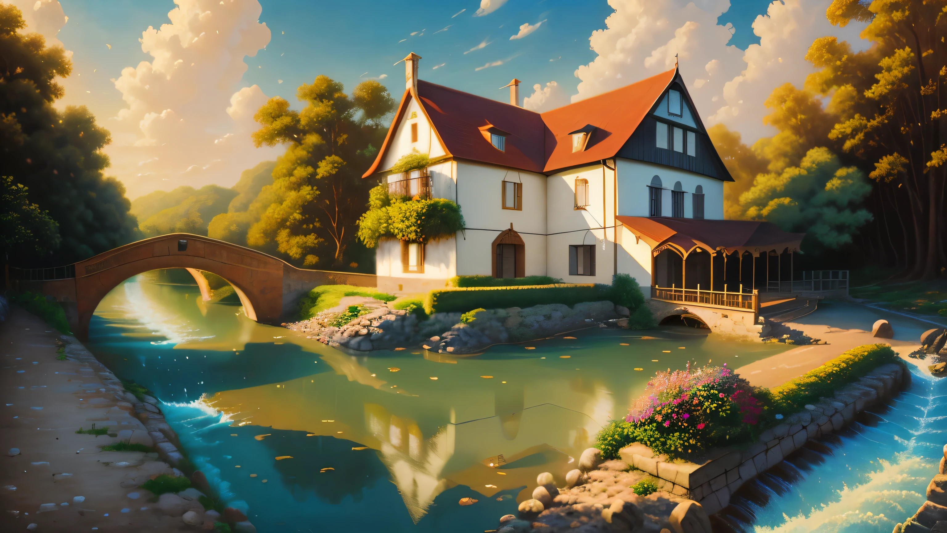 painting of a house by a river with a bridge and a bench, an airbrush painting inspired by Guido Borelli by Caluso, obturador, naïve art, pintura detalhada 4k, Idyllic country house, 4 k oil painting, 4 k oil painting, bela arte uhd 4k, 4 k oil painting, a bela pintura, bela pintura, uma bela paisagem,, Toshizo Nakane