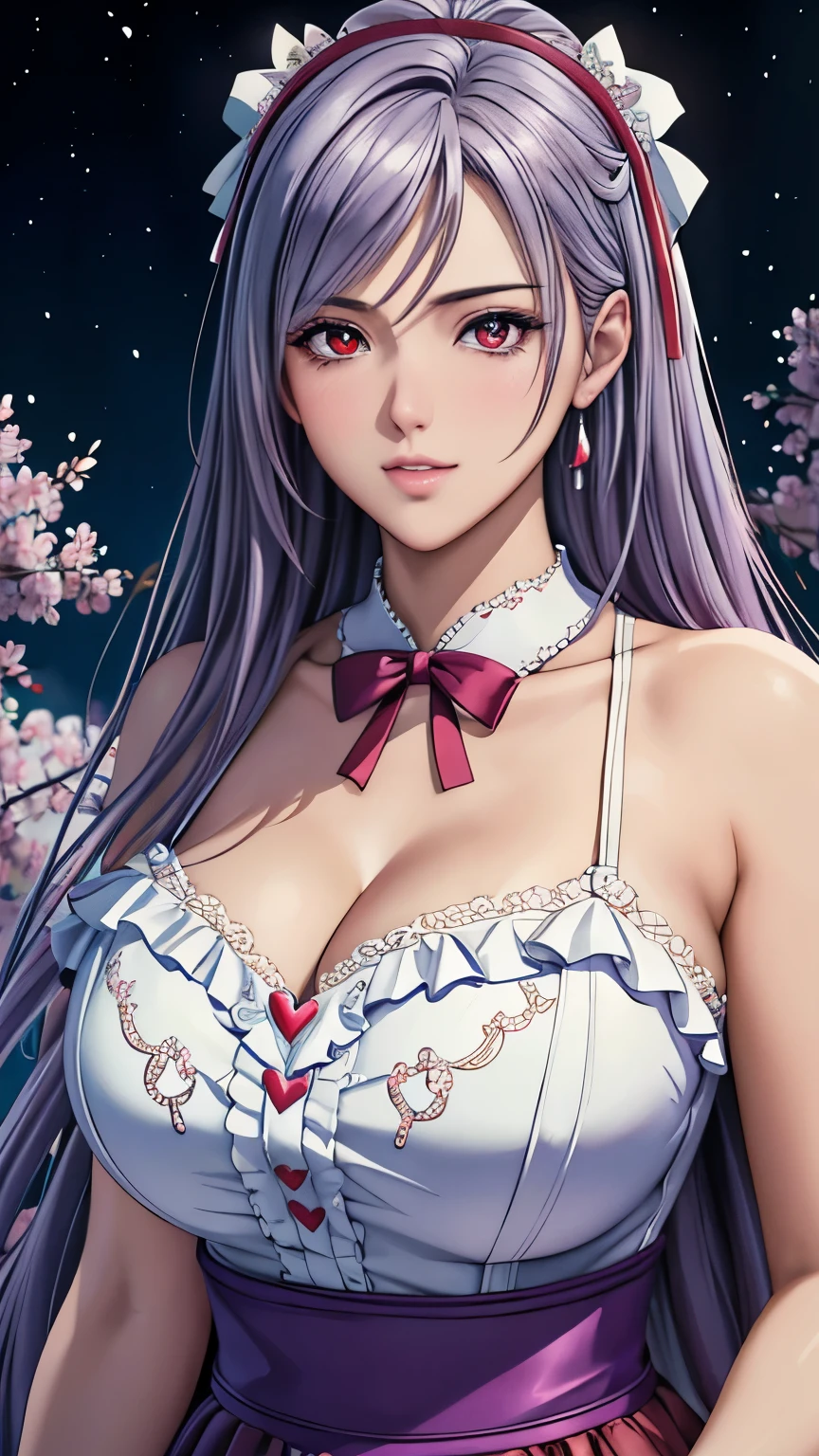 red eyes, (highest quality, masterpiece painting:1.3), immature woman, 16 years old, (half body shot), masterpiece, ultra high resolution, (Photoreal:1.0), light purple hair,straight hair, beautiful shining hair, white and shining skin, ((Ultra realistic details)), octane rendering, highly detailed face, (big breasts:0.8), (make a heart with hands),（(Breathtaking Beautiful Princess Dresses with Luxurious Details, super precision embroidery, See-through lace, bow ribbon, see-through frill, silver thread, Diamond)), White cherry blossom embroidery pattern, silver earrings,（milky way galaxy), Hair flutters under the influence of the wind, Japanese garden with beautiful cherry blossoms at night, Mysterious night sky, Beautiful Landscapes, sharp focus, intricate details, professional artwork, (bright colors:1.1), bright colors, diffused lighting, digital blending, ultra-definition body, ultra detail hair, super detailed face, that&#39;It&#39;s trending on pixiv, top button open, Cute gaze, compensate, perfect lips, perfect compensate, Ultra-precision coating,  (light_smile:0.8), (Very embarrassed:1.2), blush your nose,