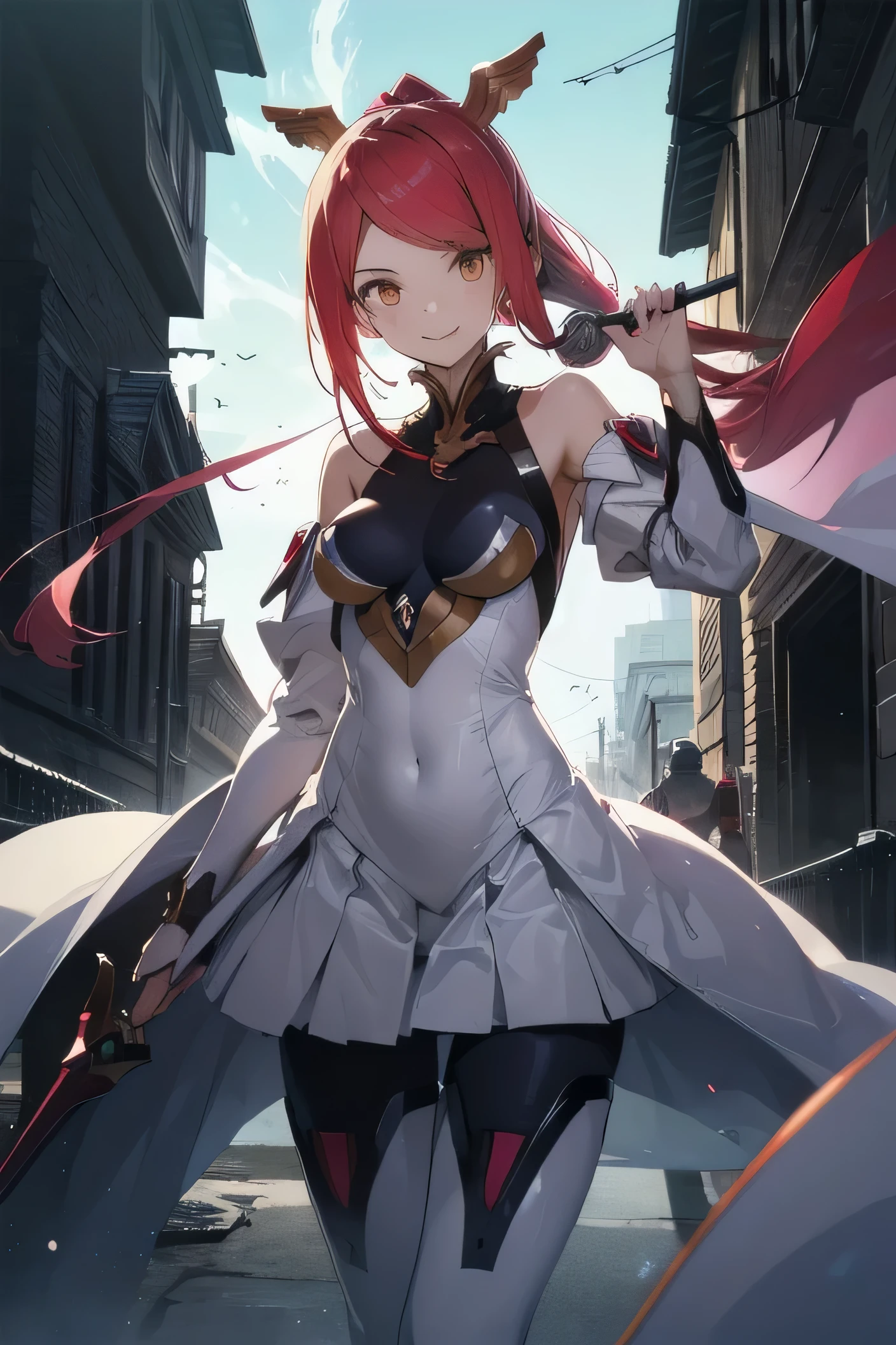 Izayoi (blazblue), orange eyes, red hair, ponytail, long hair, Small breasts, armor, bodysuit, boots, skin tight, skirt, thigh boots, thighhighs, 1girl, solo, facing viewer, looking at viewer, upper body, smile,
