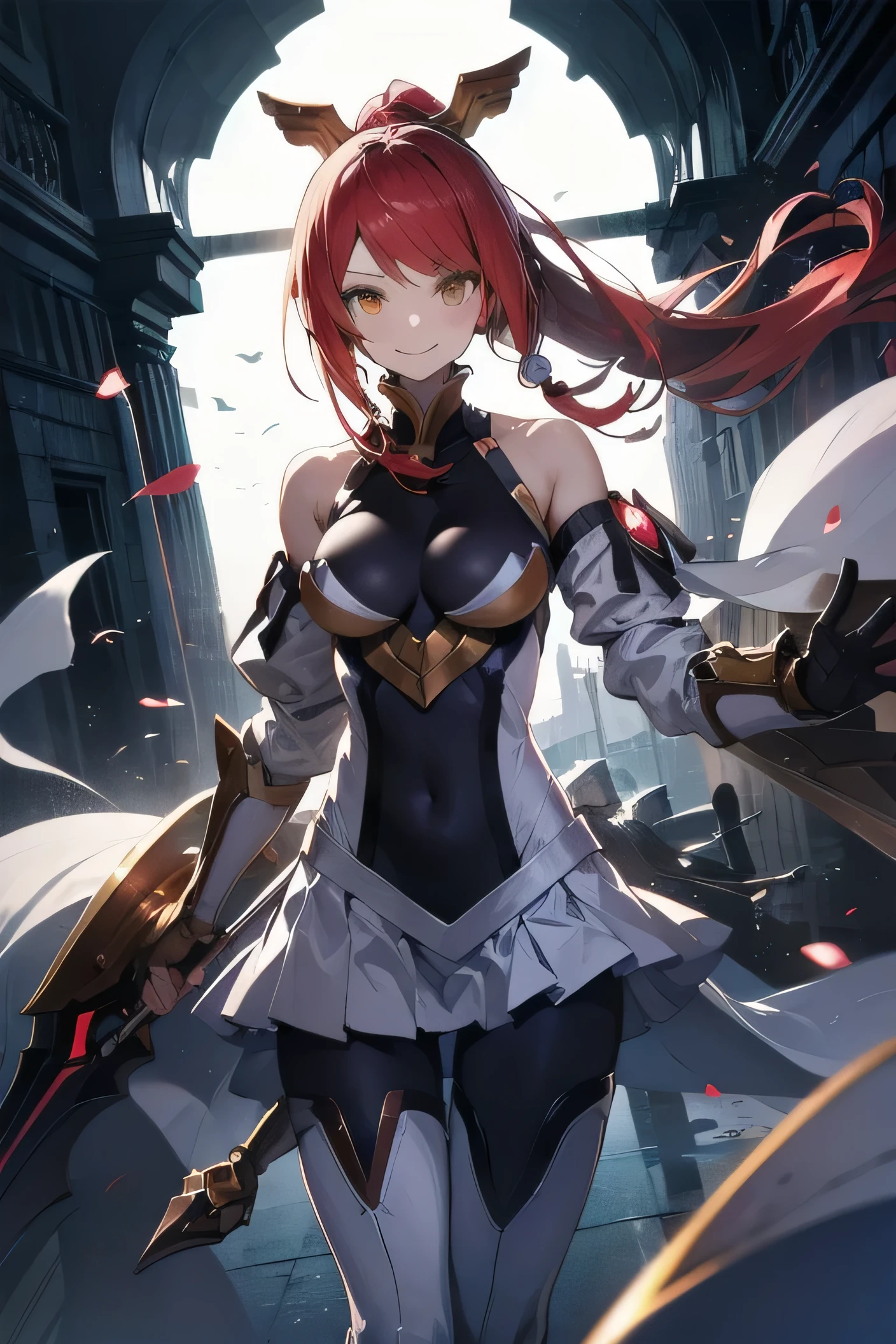 Izayoi (blazblue), orange eyes, red hair, ponytail, long hair, large breasts, armor, bodysuit, boots, skin tight, skirt, thigh boots, thighhighs, 1girl, solo, facing viewer, looking at viewer, upper body, smile,