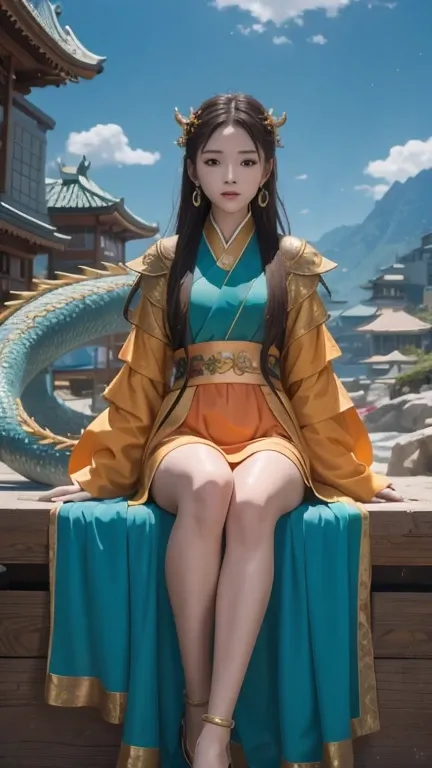 16k hd，movie perspective lighting，masterpiece，middle school student in bright orange chiffon dress sitting on a large 鹿角 statue,...