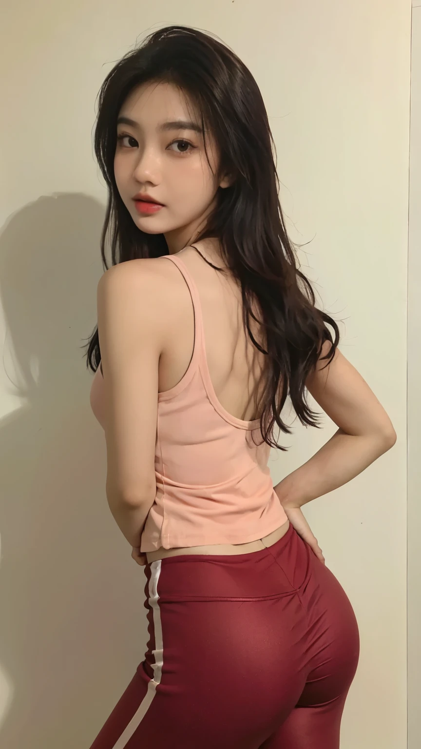 A woman in red pants and a pink top posing for a picture - SeaArt AI