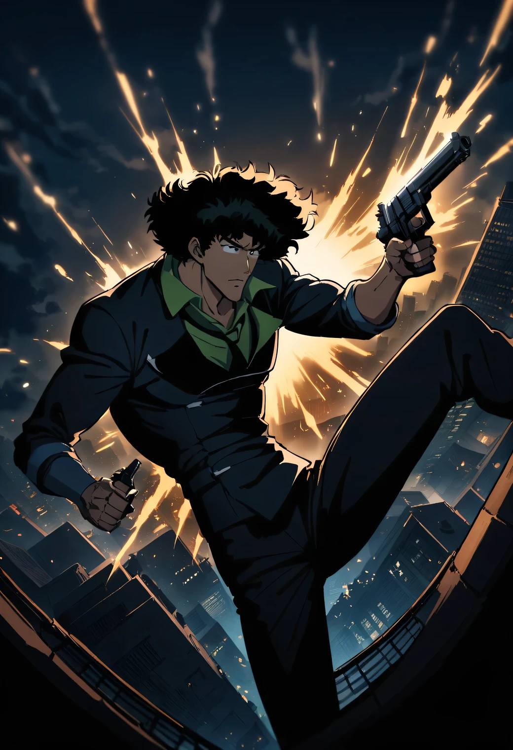 masterpiece, best quality, very aesthetic, absurdres, 

Cowboy Bebop, action, Spike Spiegel leaping through the air and firing his pistol, exhilaration, moonlit rooftop, cityscape below, dynamic, cinematic, backlit, dramatic silhouette