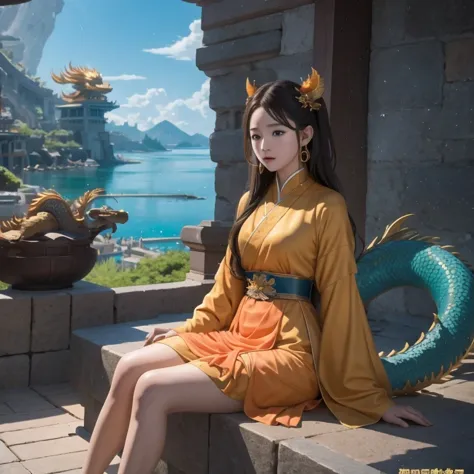 16k hd，movie perspective lighting，masterpiece，middle school student in bright orange chiffon dress sitting on a large 鹿角 statue,...