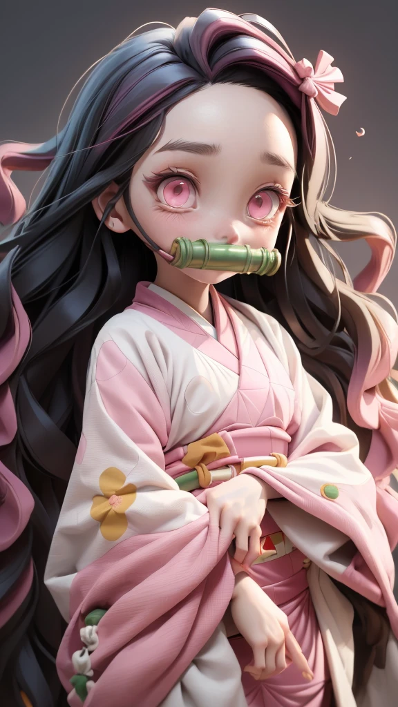 Nezuko Kamado, bamboo, bit gag, Black Hair, forehead, (gag, gagged:1.3), Headband, Long hair, Colorful hair, (pink eyes:1.5), orange hair, slit pupil, curls, bicolor hair, cover mouth,
Asa not yet (pattern), checkered sash, Haori, Japanese clothes, kimono, Long sleeve, Heart, pink kimono, sash, Variza,  wide sleeves,
(best quality, masterpiece, original photo,Super detailed:1.2), 1 Girl,Solitary,Looking at the audience,