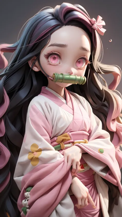 Nezuko Kamado, bamboo, bit gag, Black Hair, forehead, (gag, gagged:1.3), Headband, Long hair, Colorful hair, (pink eyes:1.5), or...