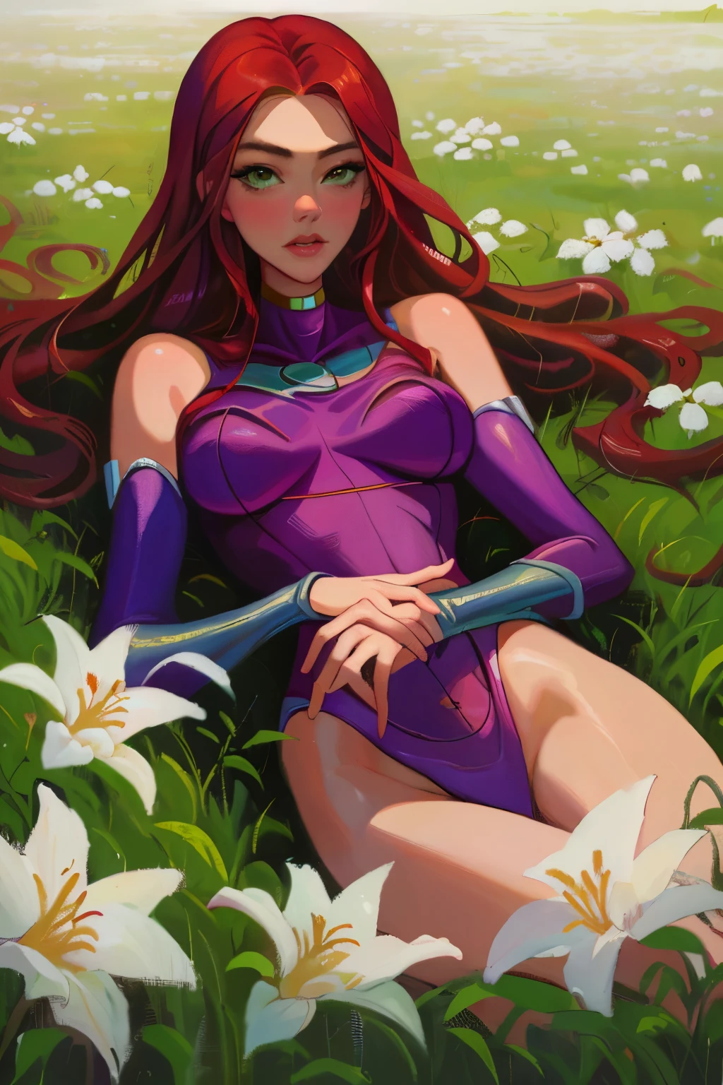 (oil painting:1.1), ((amber heard)), ((starfire)), dc comics, red hair, orange skin, a woman with long orange hair and white flowers in her hair is laying down in a field of white flowers, (a detailed painting:0.353), (gothic art:0.106)