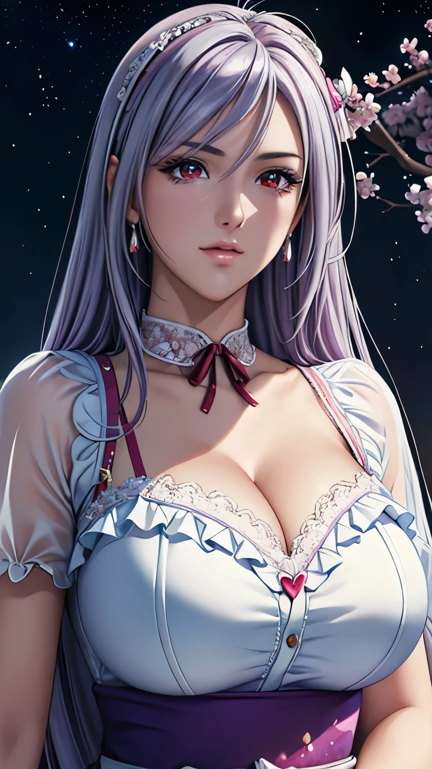 red eyes, (highest quality, masterpiece painting:1.3), immature woman, 16 years old, (half body shot), masterpiece, ultra high resolution, (Photoreal:1.0), light purple hair,straight hair, beautiful shining hair, white and shining skin, ((Ultra realistic details)), octane rendering, highly detailed face, (big breasts:0.8), (make a heart with hands),（(Breathtaking Beautiful Princess Dresses with Luxurious Details, super precision embroidery, See-through lace, bow ribbon, see-through frill, silver thread, Diamond)), White cherry blossom embroidery pattern, silver earrings,（milky way galaxy), Hair flutters under the influence of the wind, Japanese garden with beautiful cherry blossoms at night, Mysterious night sky, Beautiful Landscapes, sharp focus, intricate details, professional artwork, (bright colors:1.1), bright colors, diffused lighting, digital blending, ultra-definition body, ultra detail hair, super detailed face, that&#39;It&#39;s trending on pixiv, top button open, Cute gaze, compensate, perfect lips, perfect compensate, Ultra-precision coating,  (glare:1.2), (shoot from below:1.2)