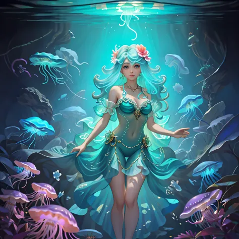 jellyfishs are floating in the water with a woman on it, cyberpunk jellyfish, jellyfish pheonix, jellyfish priestess, neon jelly...