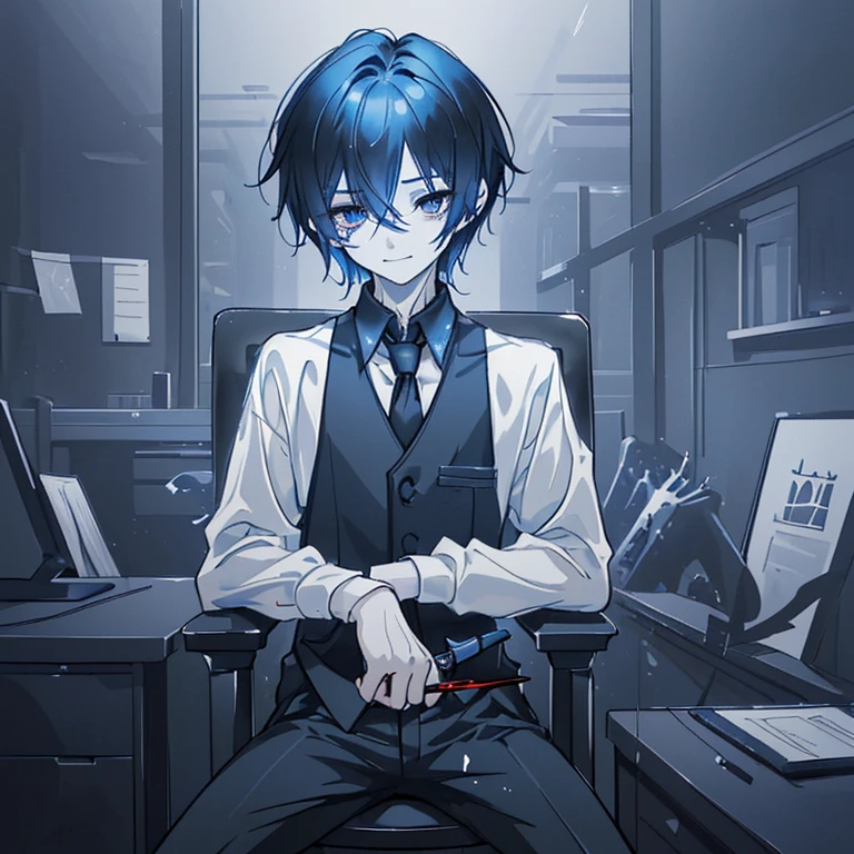 Look like 20yr or 18yr boy
dark blue hair color and light blue grey highlights color
Pure black Eye color beautiful eye
Short Hair look like a anime girl but he is actually a boy but handsome
Holding a knife with blood on it
Silent face and don't show emotions
Many Blood all over his
Dark background like a office at night sitting on a office chair or likely in the Spaceship at outing space and the spirit Look like his and smile at his and a little bit tear (likely to be his brother)
Black outfit with tie main color is dark blue and the gender is male