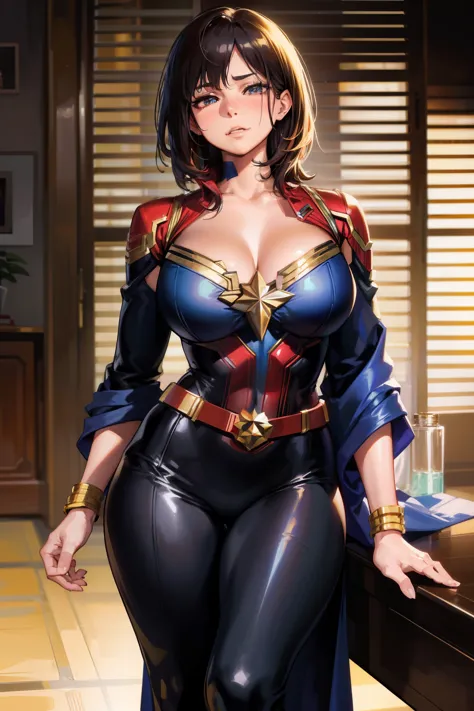 captain marvel ， （tmasterpiece： 1.3），beautiful mature woman， detailed finger， beautiful hand， hyper realisitc （sagging breasts， ...