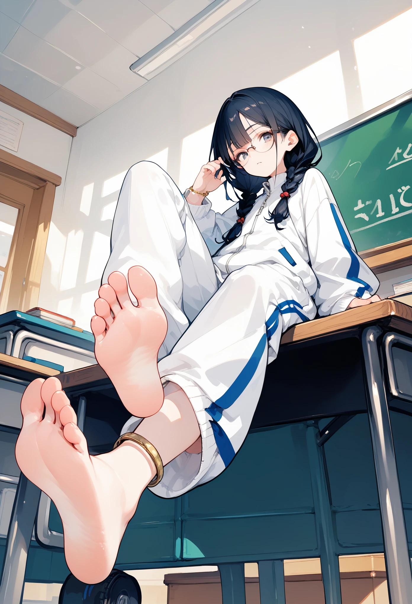 Anime girl sitting on a desk with her feet up - SeaArt AI