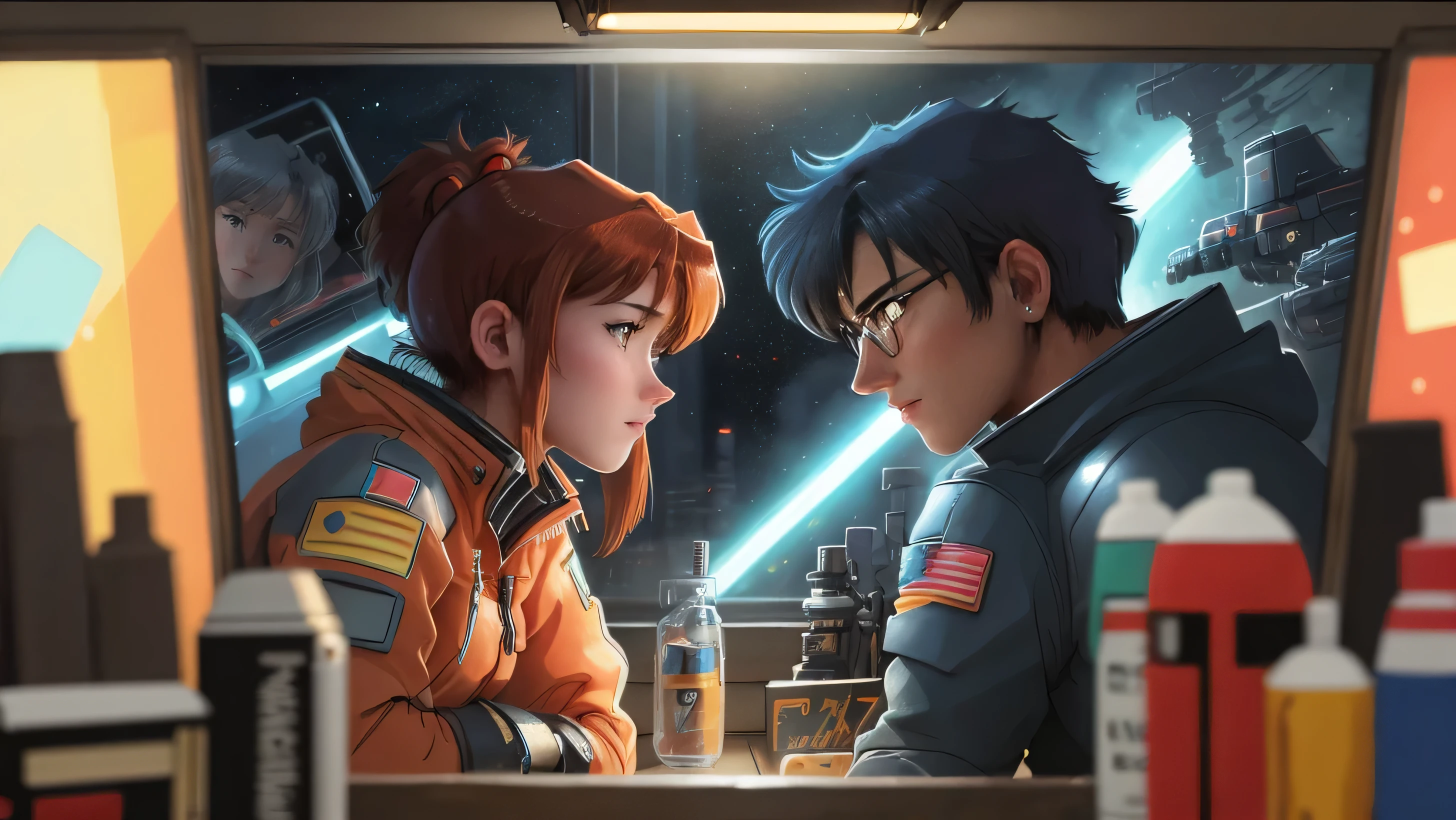 best quality,ultra-detailed,realistic,portrait,oil painting,cowboy bebop,spaceship,space bounty hunter,dark atmosphere,colorful,mysterious,neon lights,sharp focus,vivid colors,smoke-filled room,retro futuristic,moonlight shining through window,blues and jazz music,expressive characters,dominant red and blue tones,dynamic action scenes,astral landscapes,blurred motion,gritty urban settings,complex emotions,characteristics of each main character,Ed's goggles