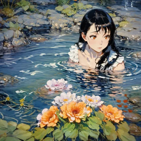 masterpiece, best quality, girl, long black hair, close-up, water, bushes, blue rose, completely blue, onodera, 
