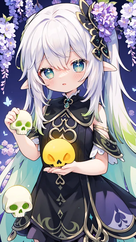 the anime girl holding a flower with some skulls, in the style of light yellow and light azure, wandering eye, mindbending mural...