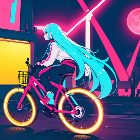 female　bike　Night view　neon　Near future　moon