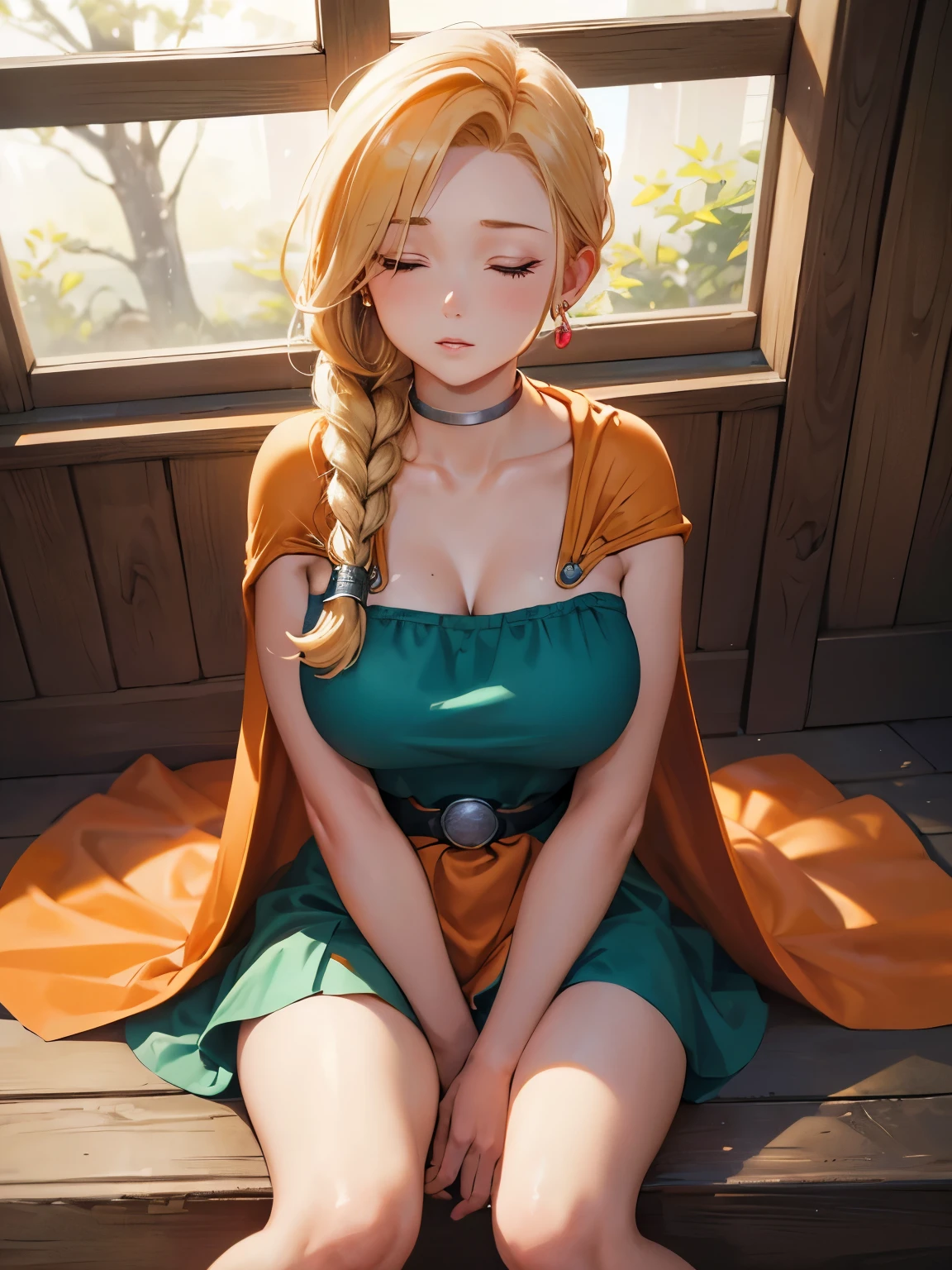 from above, face focus, dqBianca, huge breasts, (single braid, earrings, choker, orange cape, green dress:1.3), belt, (sit, reclining, sleep , closed eyes, separated-lips), (hand between legs), tired, happy, Drool, depth, depth of field, (in wooden House), indoor, masterpiece, high quality, best quality, beautiful, hd, perfect lighting, detailed face, detailed body, masterpiece, best quality, intricate details, 8k uhd, perfect face, perfect eyes